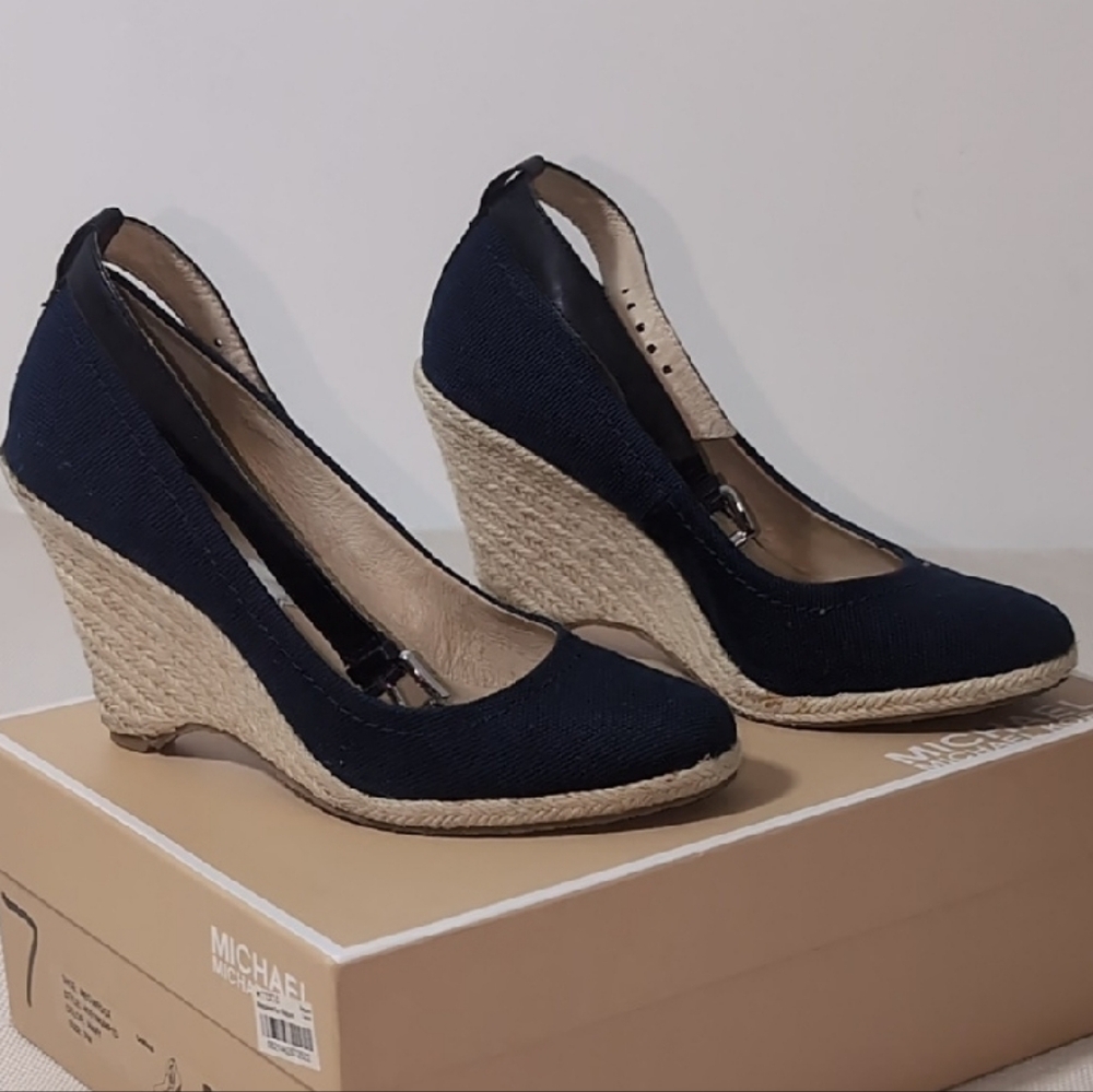 Michael Kors Meg Wedge Navy Canvas Espadrille Sandals Size 7 - Picture 3 of 8
